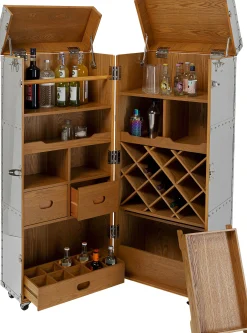 Barek na kółkach rozkładany stal srebrna wnętrze naturalne 64x145 cm