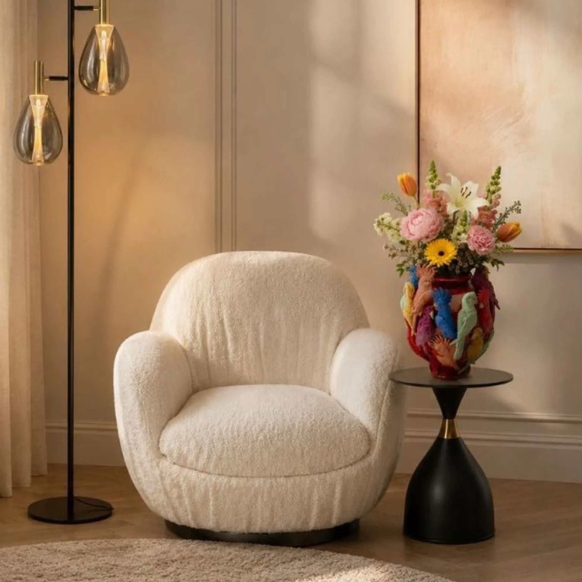 Fotel biały obrotowy skandynawski boucle do salonu 88x90 cm
