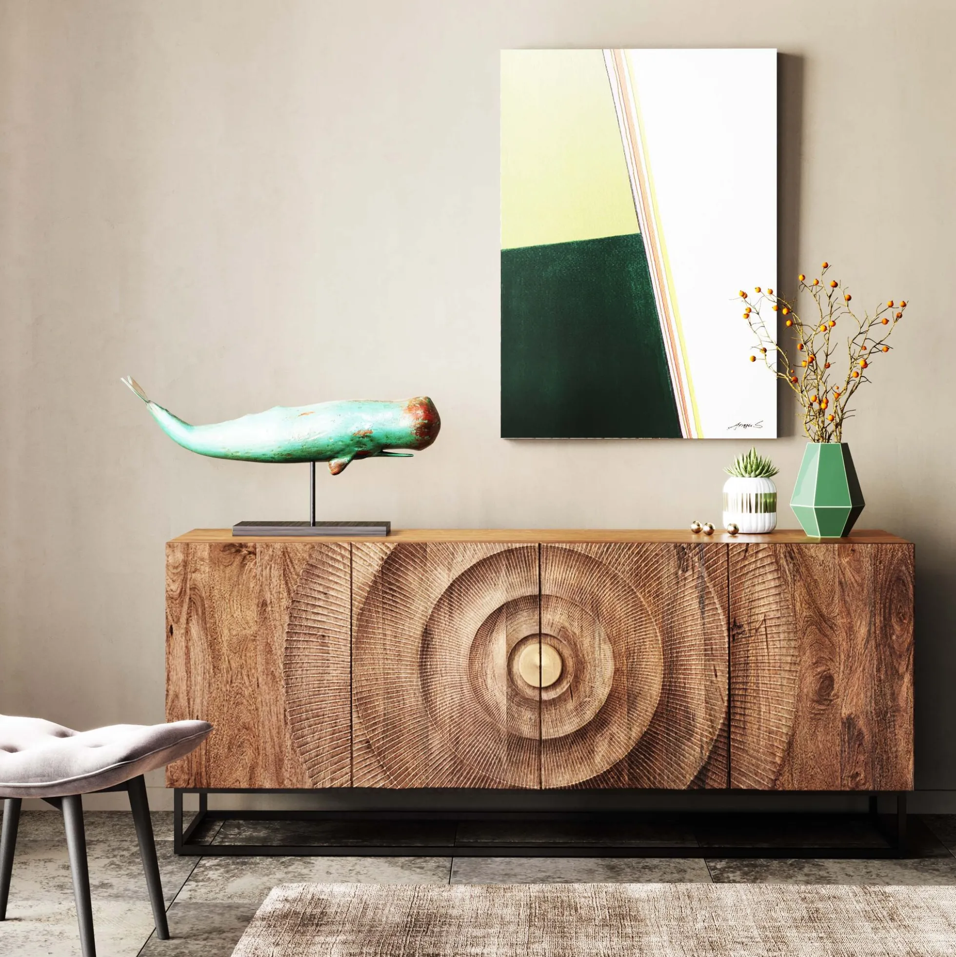 Komoda drewniana czterodrzwiowa boho podstawa czarna 177x75 cm