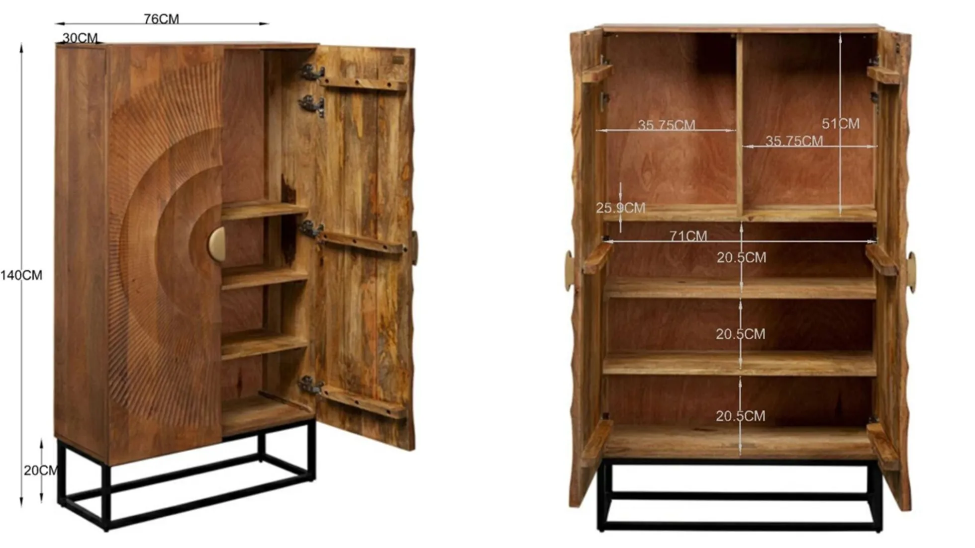 Komoda drewniana 2-drzwiowa boho podstawa czarna 76x140 cm