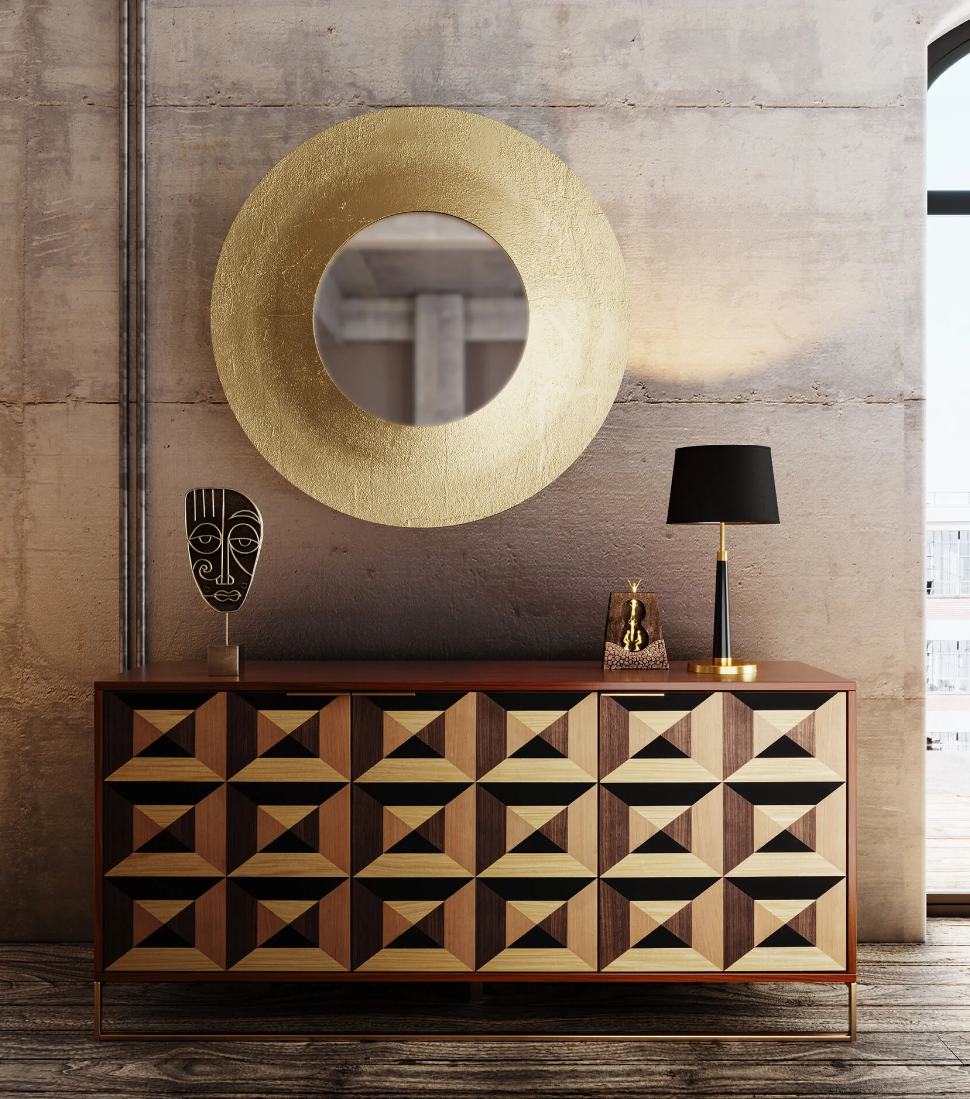 Komoda 3-drzwiowa fornir orzechowy nogi złote stalowe 160x78 cm front efekt 3D