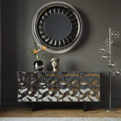 Komoda 4-drzwiowa fornirowana czarna front srebrny ze stali nierdzewnej 160x78 cm