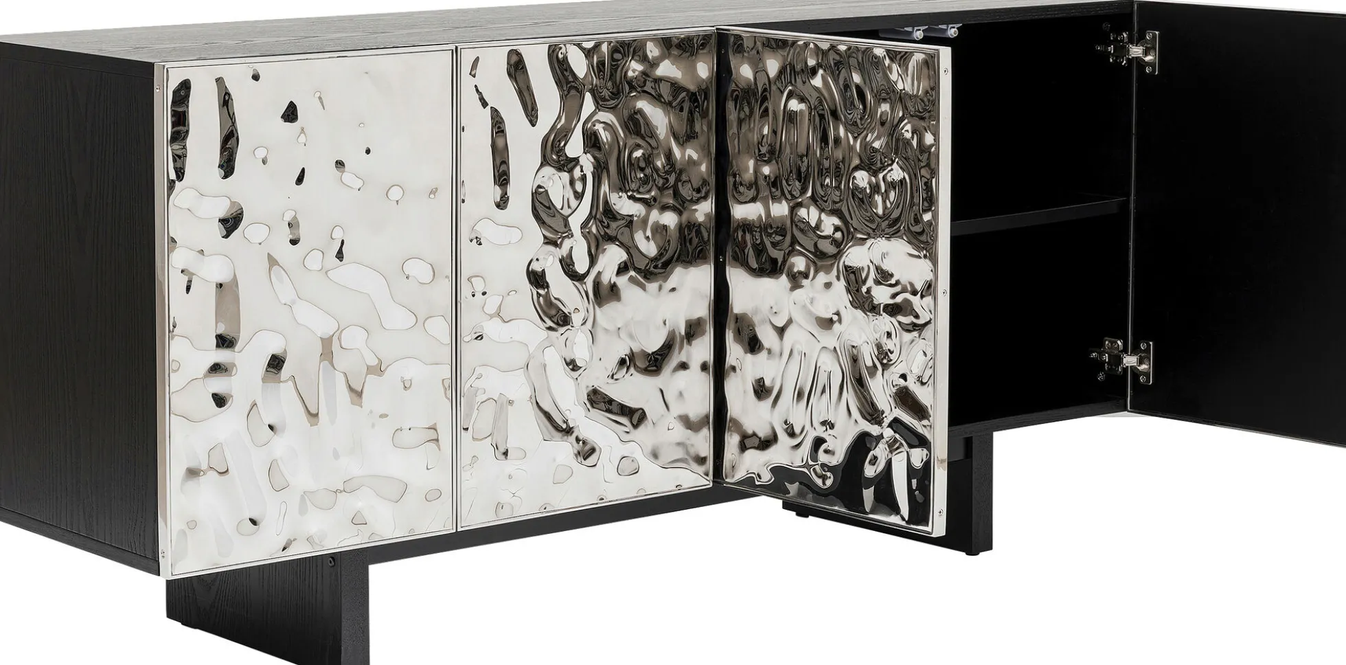 Komoda 4-drzwiowa fornirowana czarna front srebrny ze stali nierdzewnej 160x78 cm