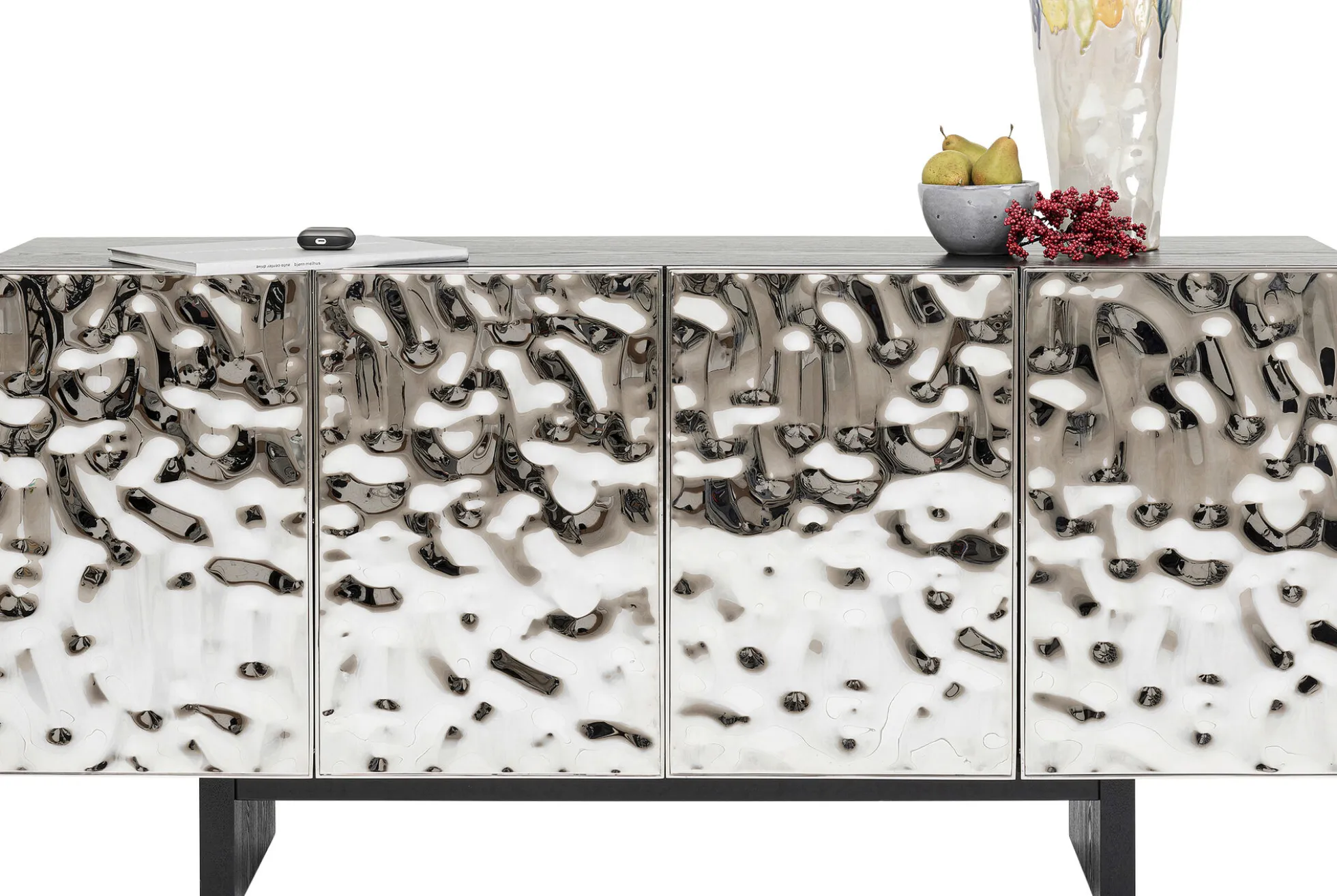 Komoda 4-drzwiowa fornirowana czarna front srebrny ze stali nierdzewnej 160x78 cm