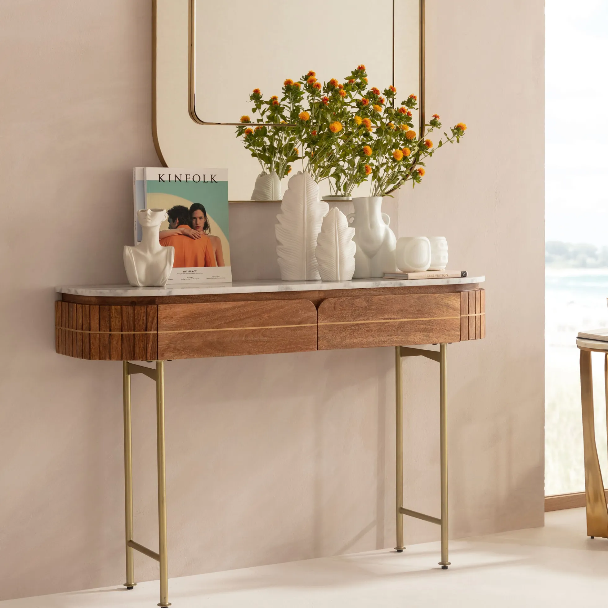 Konsola Grace 100x30 cm drewno mango - blat marmur