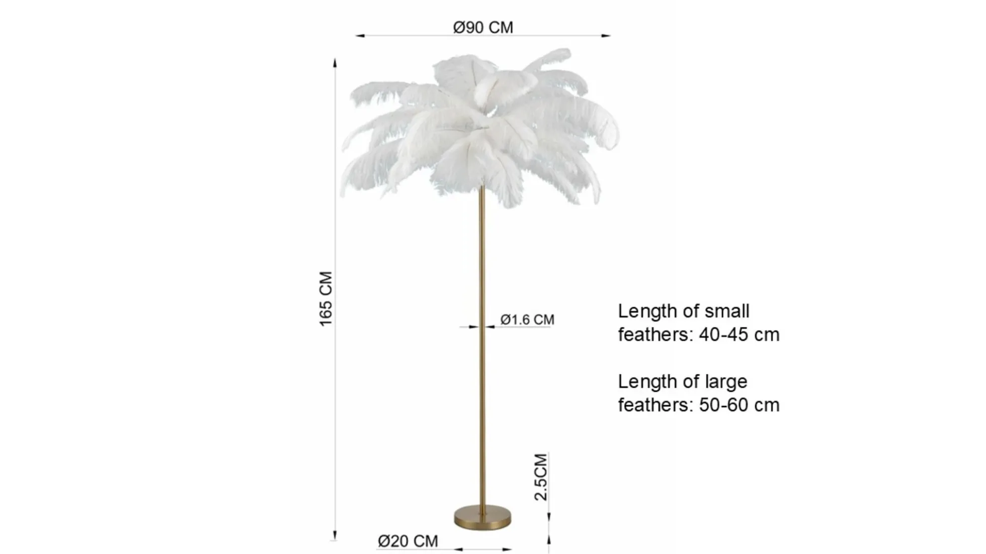 Lampa podłogowa palma biała strusie pióra 165 cm podstawa złota