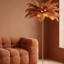 Lampa podłogowa palma brązowa rdzawa strusie pióra 165 cm podstawa złota