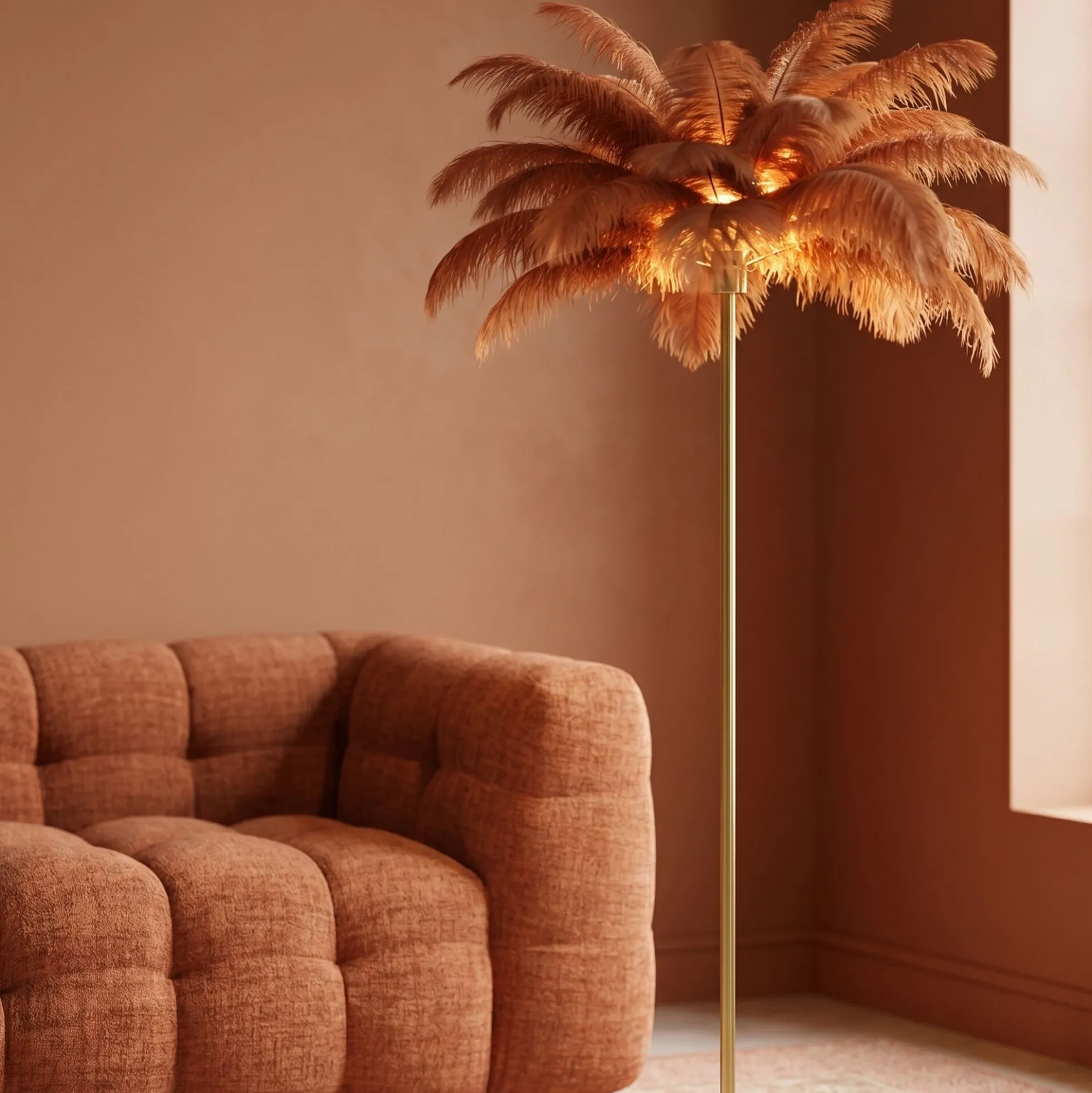 Lampa podłogowa palma brązowa rdzawa strusie pióra 165 cm podstawa złota