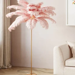 Lampa podłogowa palma różowa strusie pióra 165 cm podstawa złota