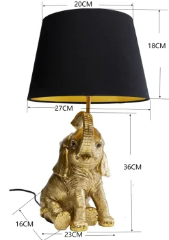 Lampa stołowa glamour złoty słonik abażur czarny 27x48 cm
