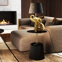 Lampa stołowa glamour złoty słonik abażur czarny 27x48 cm