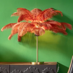 Lampa stołowa palma brązowa rdzawa strusie pióra 60 cm podstawa złota