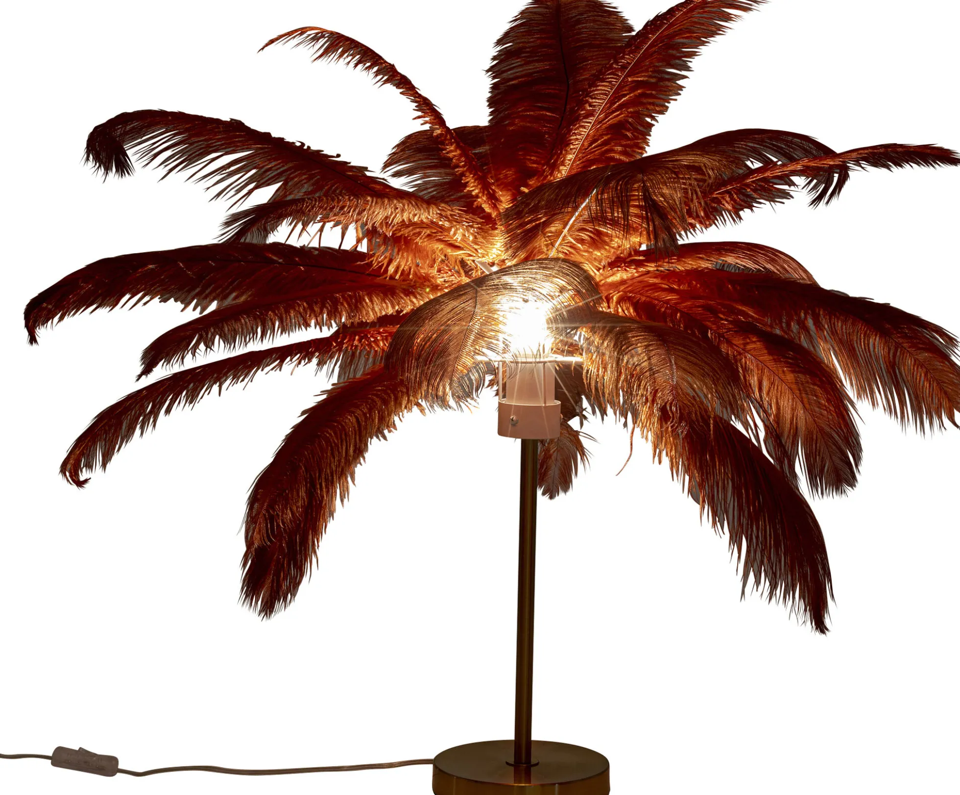 Lampa stołowa palma brązowa rdzawa strusie pióra 60 cm podstawa złota