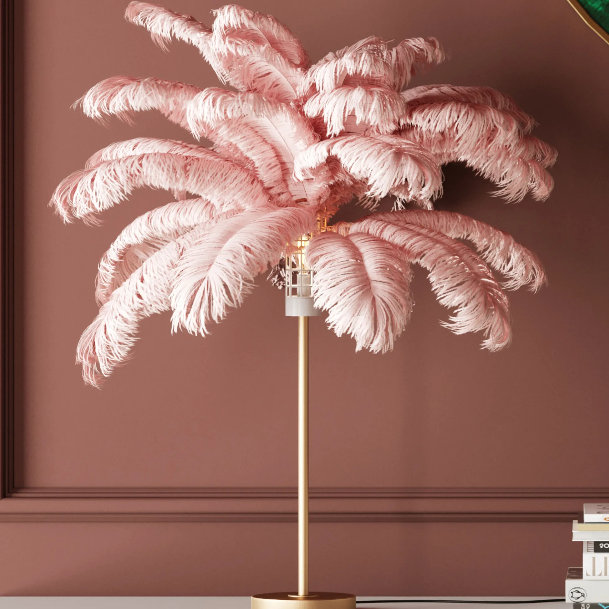 Lampa stołowa palma różowa strusie pióra 60 cm podstawa złota