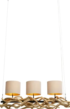 Lampa wisząca drewno naturalne i stal czarna 115 cm klosze lniane beżowe