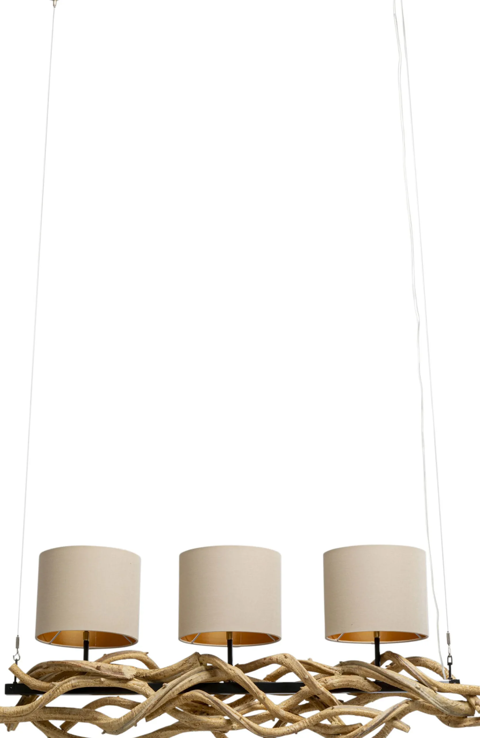 Lampa wisząca drewno naturalne i stal czarna 115 cm klosze lniane beżowe