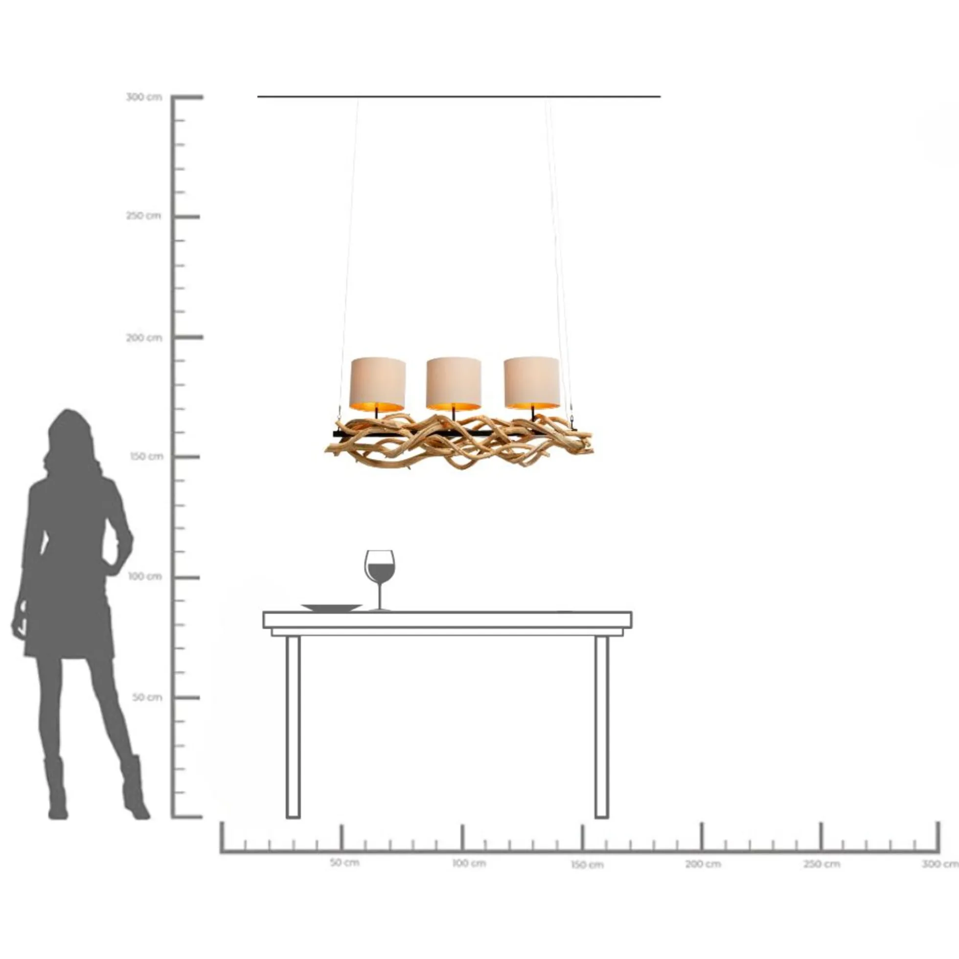 Lampa wisząca drewno naturalne i stal czarna 115 cm klosze lniane beżowe