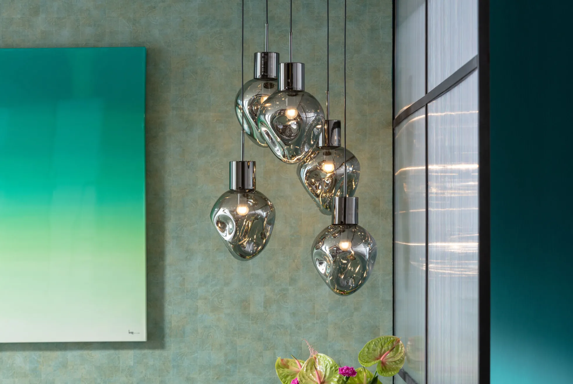 Lampa wisząca przydymiona 5L stal i szkło Ø50x160 cm