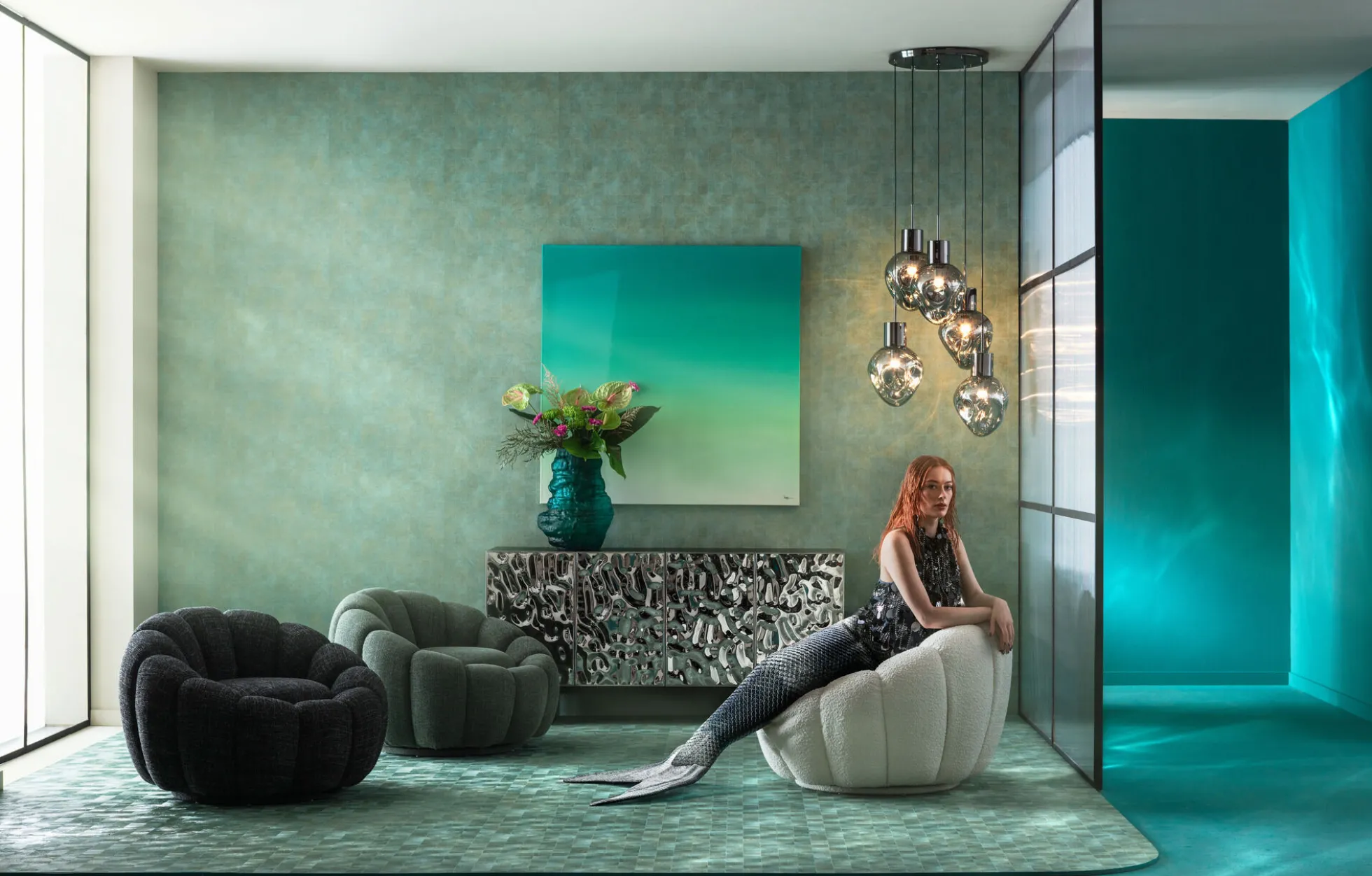 Lampa wisząca przydymiona 5L stal i szkło Ø50x160 cm