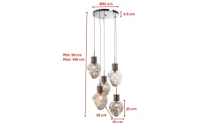 Lampa wisząca przydymiona 5L stal i szkło Ø50x160 cm