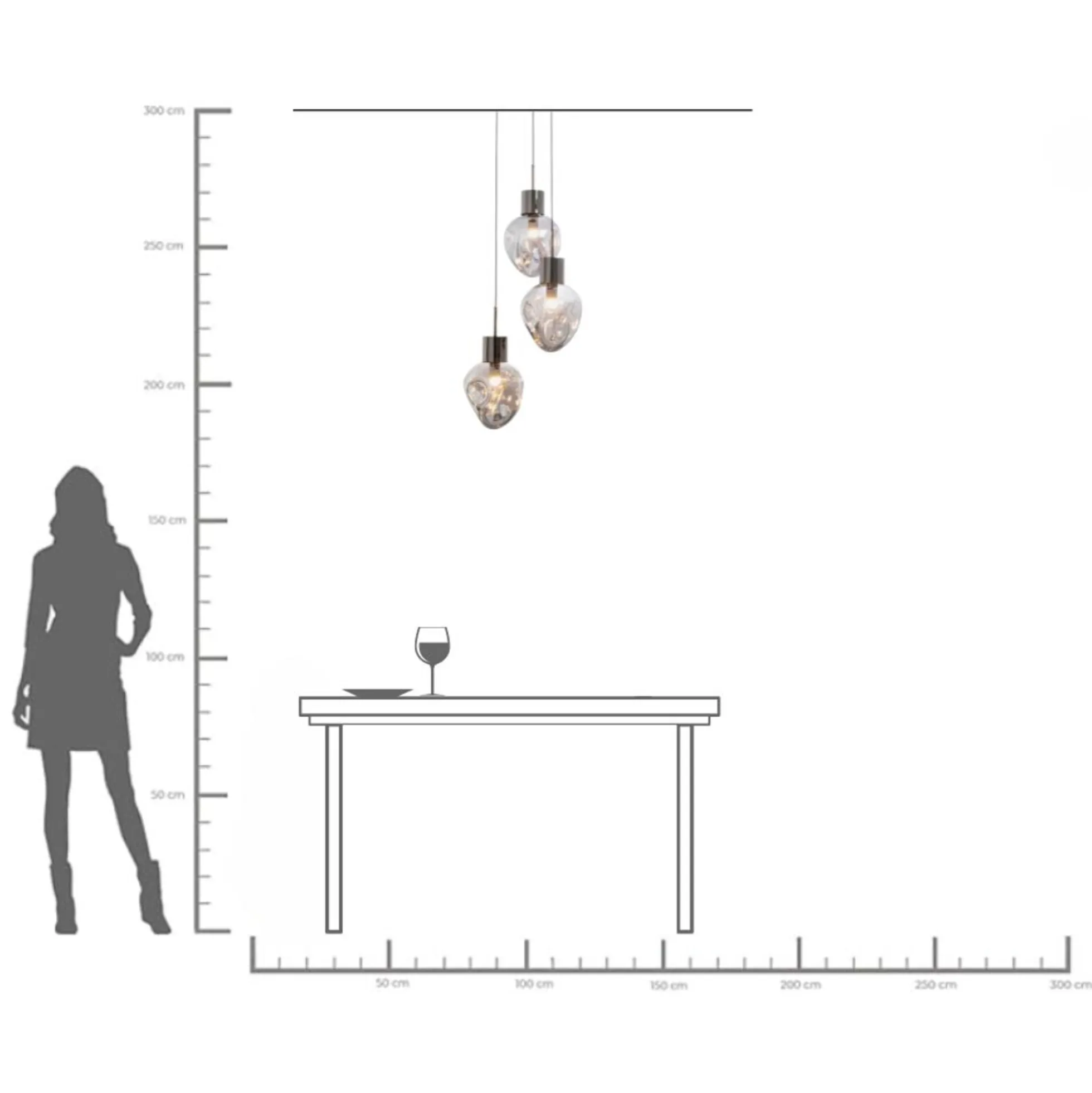 Lampa wisząca przydymiona 3L stal i szkło Ø45x160 cm