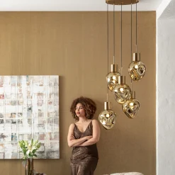 Lampa wisząca złota 5L stal i szkło Ø50x160 cm