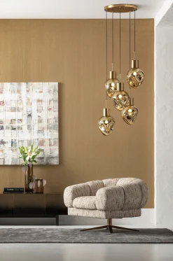 Lampa wisząca złota 5L stal i szkło Ø50x160 cm