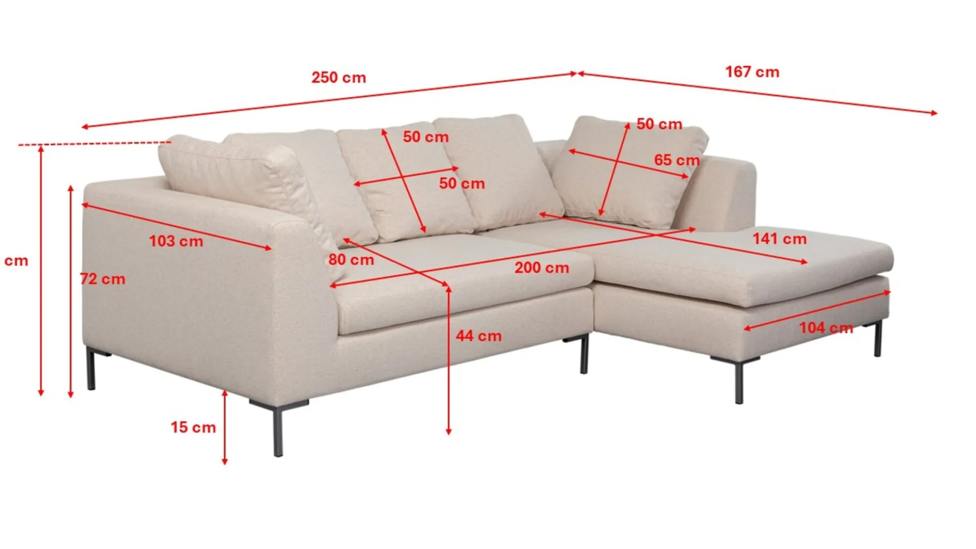 Narożnik prawy w kolorze kremowym nogi stalowe 250x167 cm