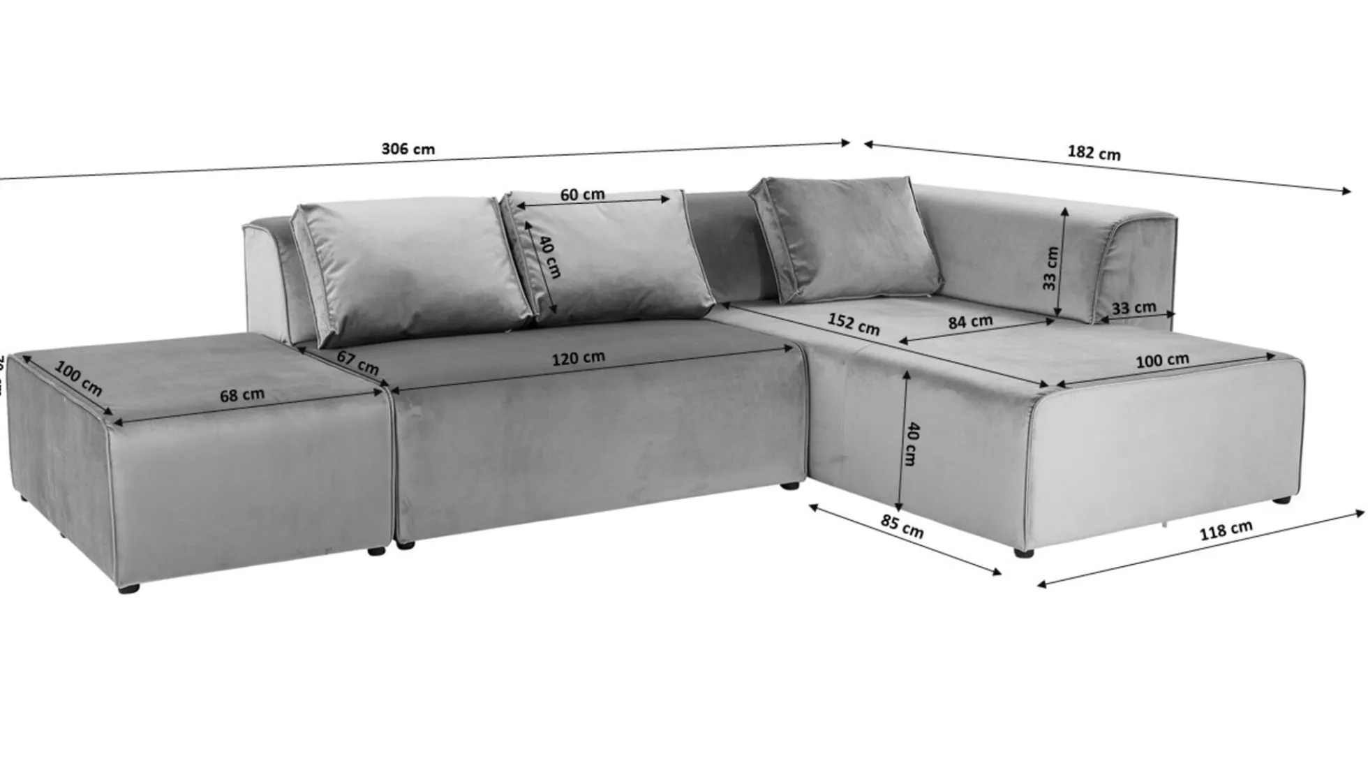 Otoman Infinity Chenille 182x117 cm szary prawy