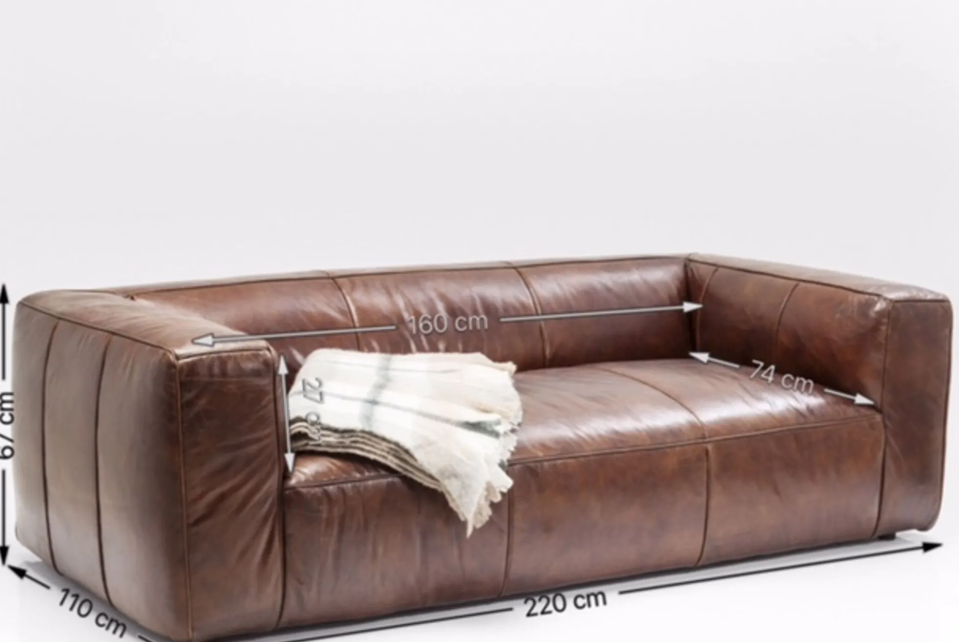 Sofa Cubetto 220x67 cm brązowa skóra naturalna