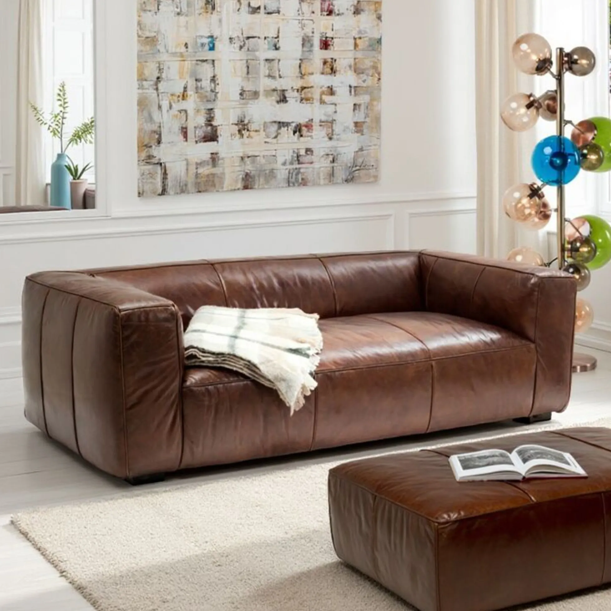 Sofa Cubetto 220x67 cm brązowa skóra naturalna