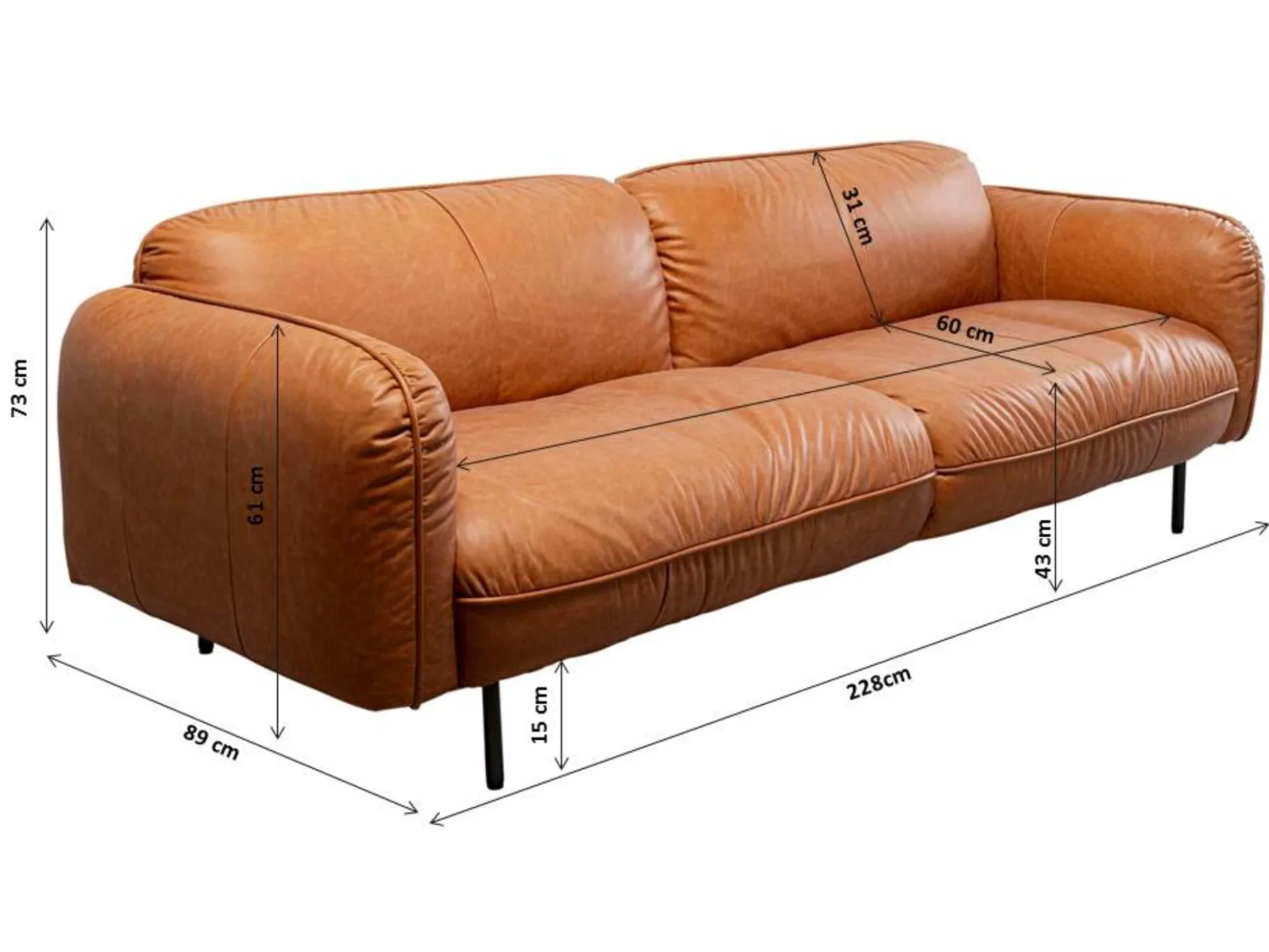 Sofa ekskluzywna 2-osobowa skórzana jasnobrązowa 228 cm