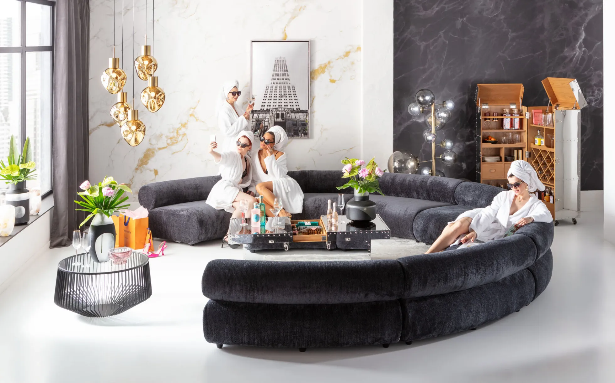 Sofa - moduł zaokrąglony tapicerka szaroniebieska 145 cm