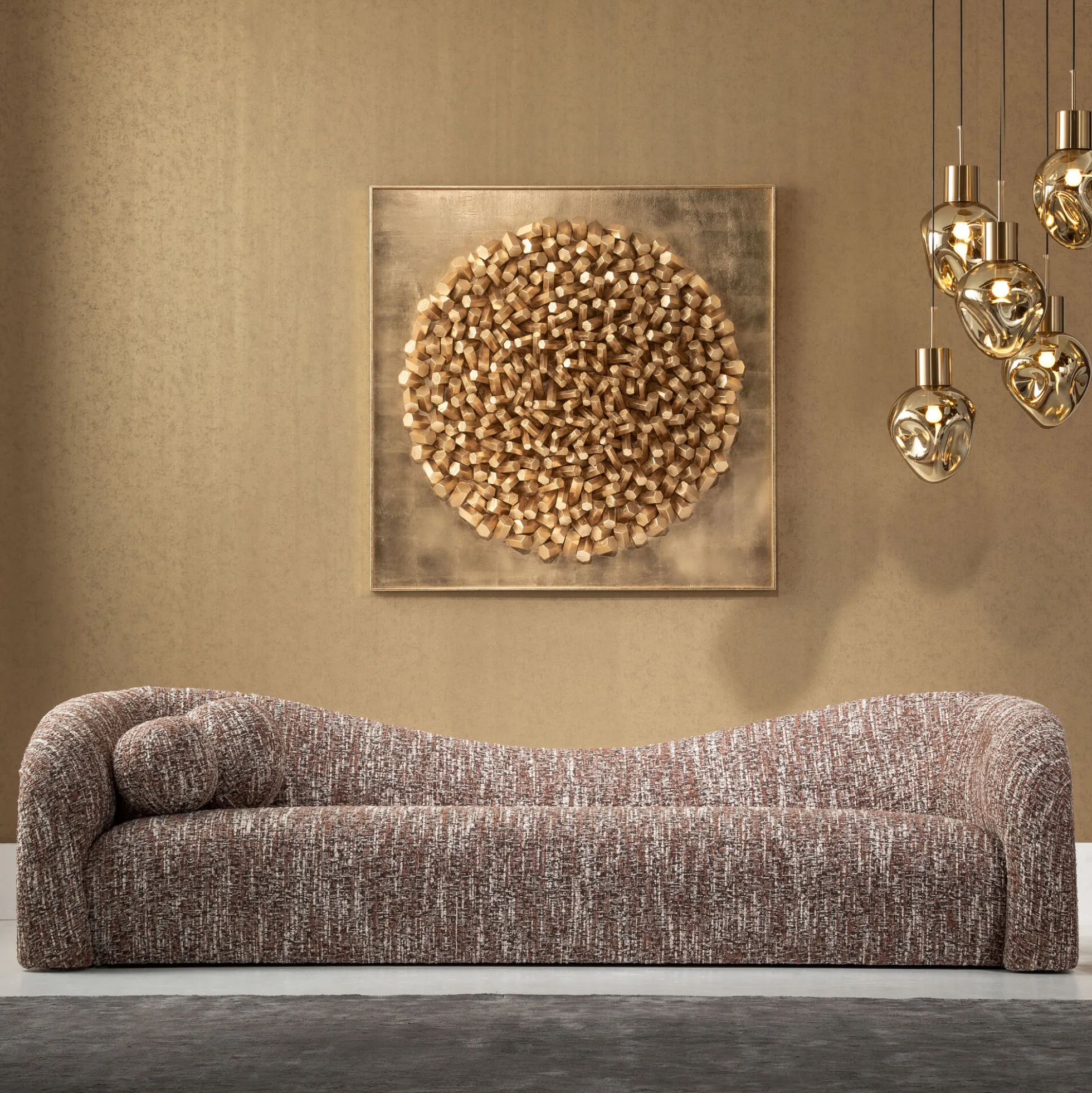 Sofa 3-osobowa brązowa tkanina melanżowa 261 cm organiczne kształy