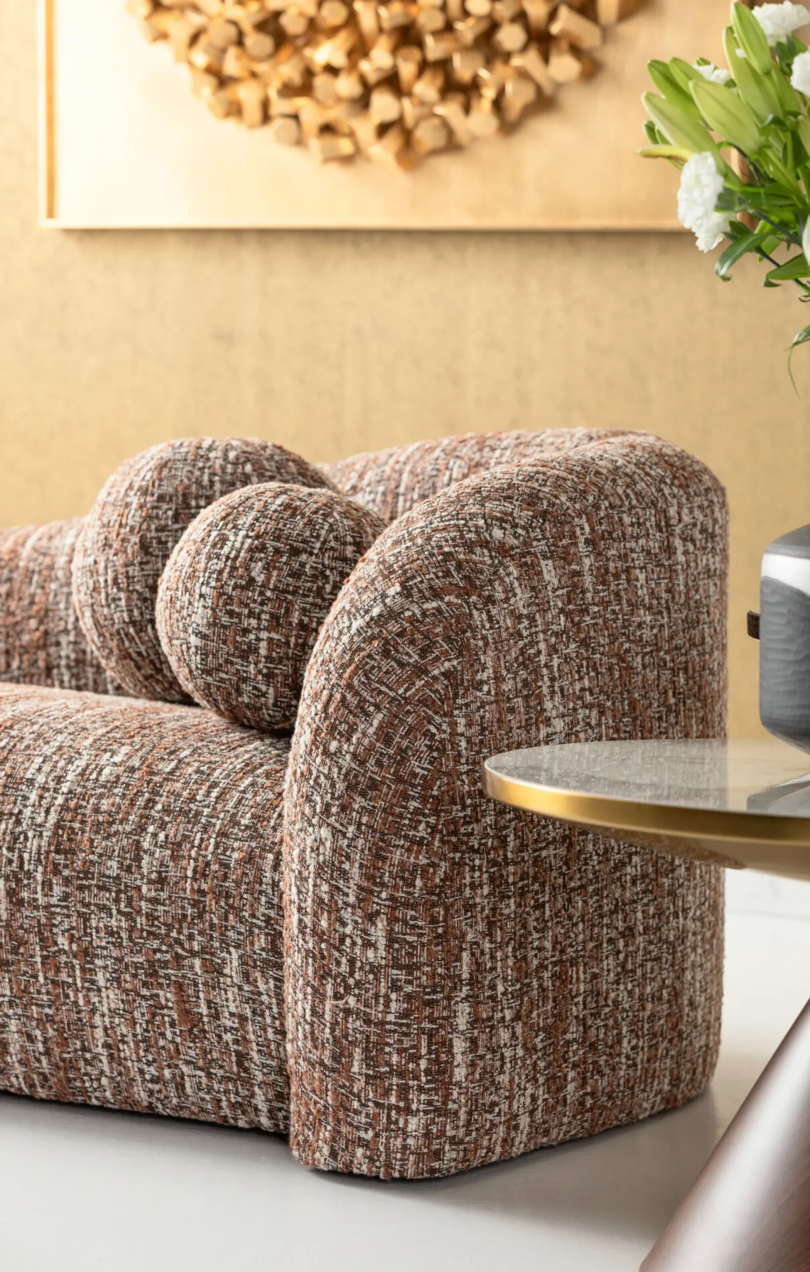 Sofa 3-osobowa brązowa tkanina melanżowa 261 cm organiczne kształy