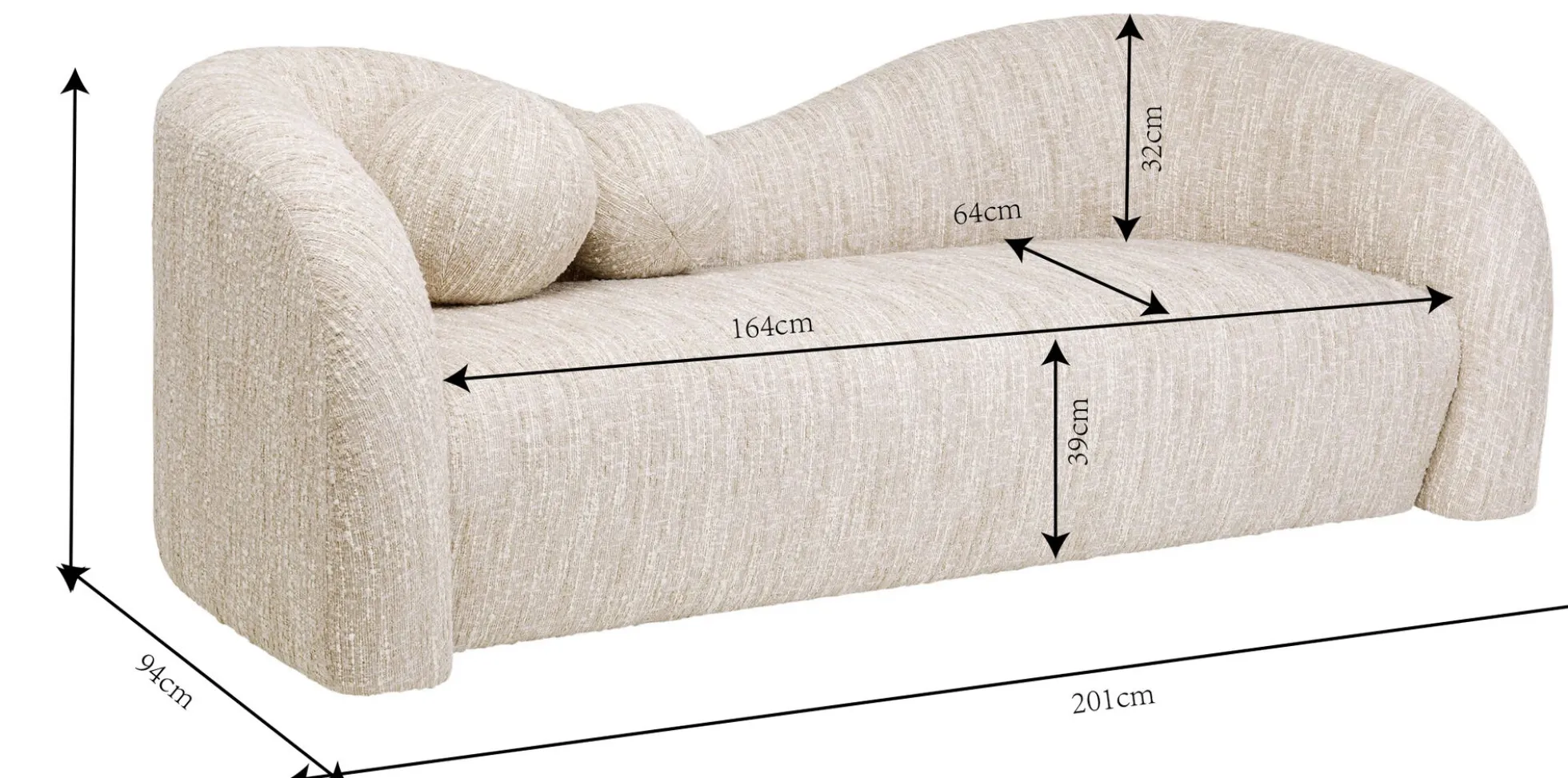 Sofa 2-osobowa kremowa zaokrąglony kształ 201 cm
