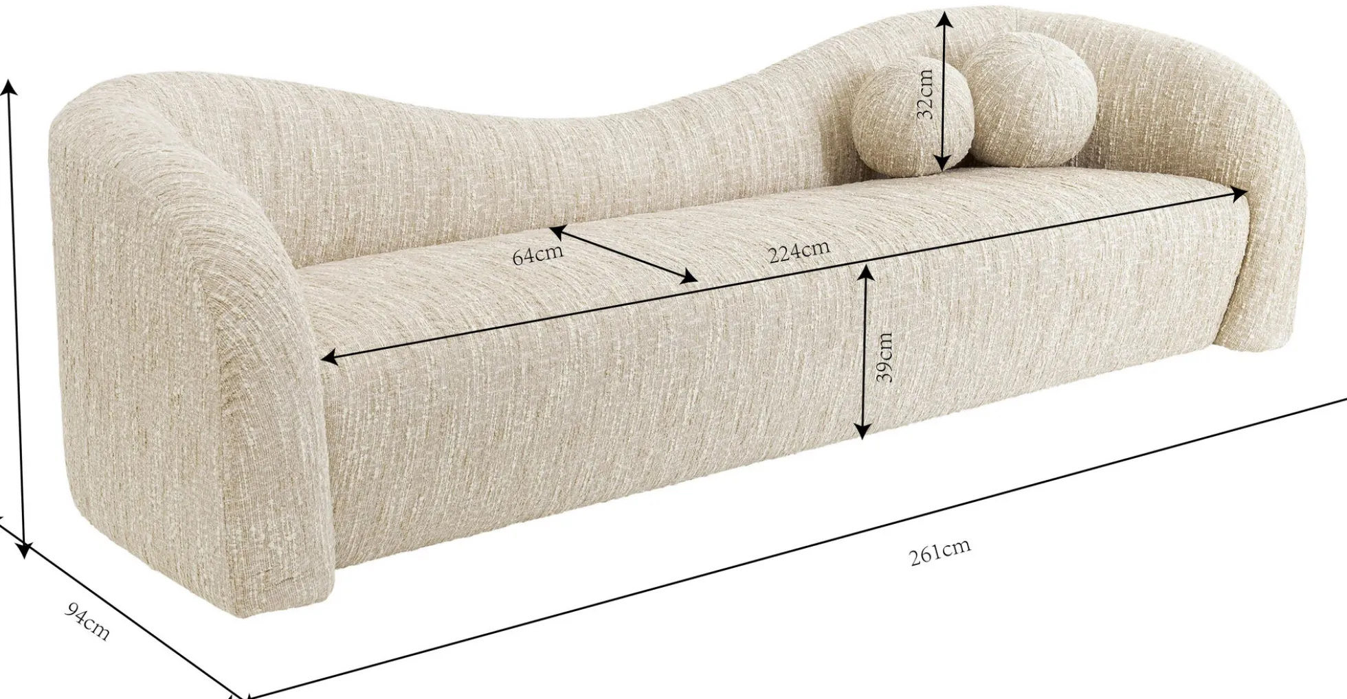 Sofa 3-osobowa kremowa zaokrąglony kształ 261 cm