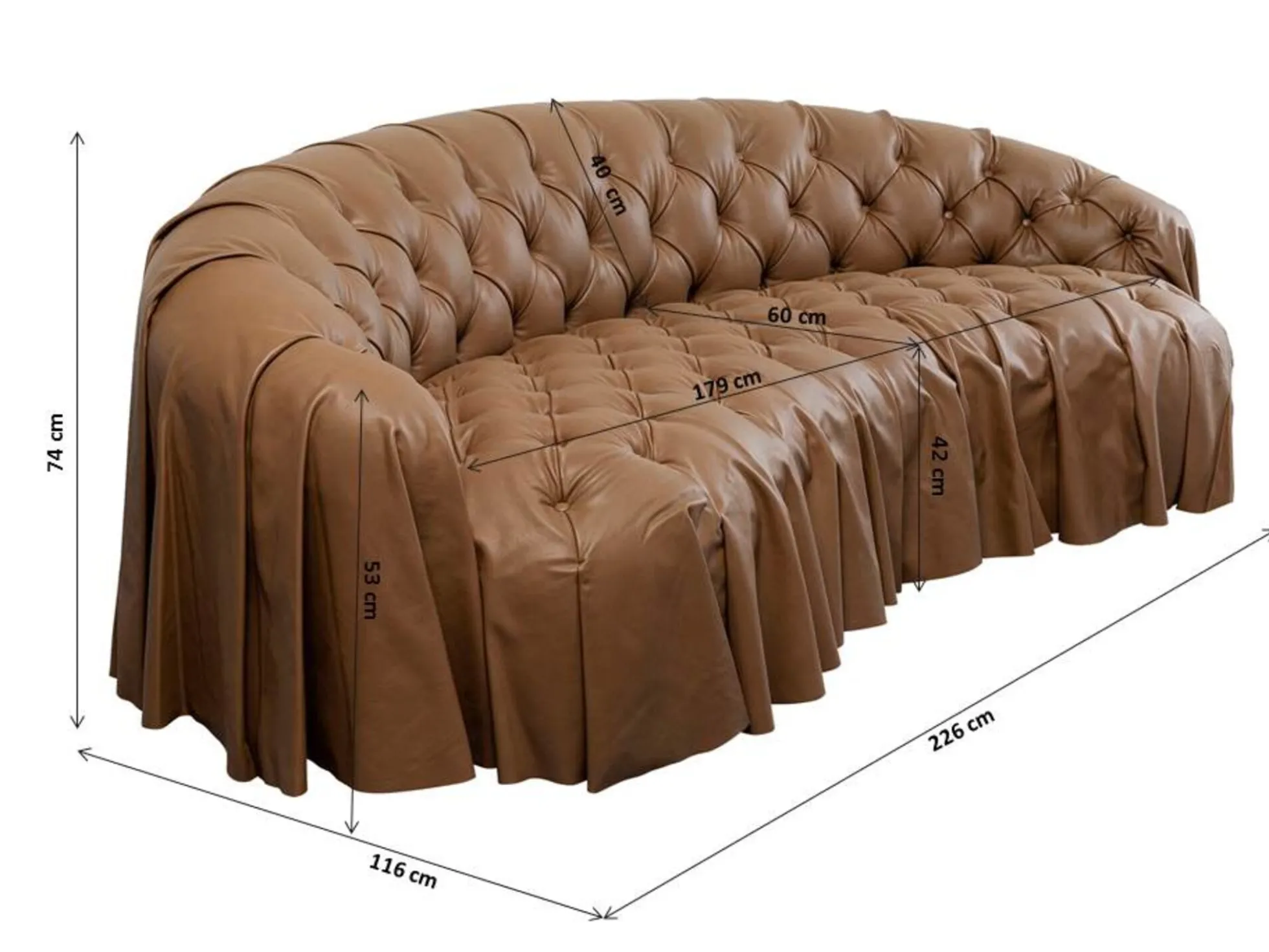 Sofa 3-osobowa pikowana brązowa skóra semianilinowa 226 cm