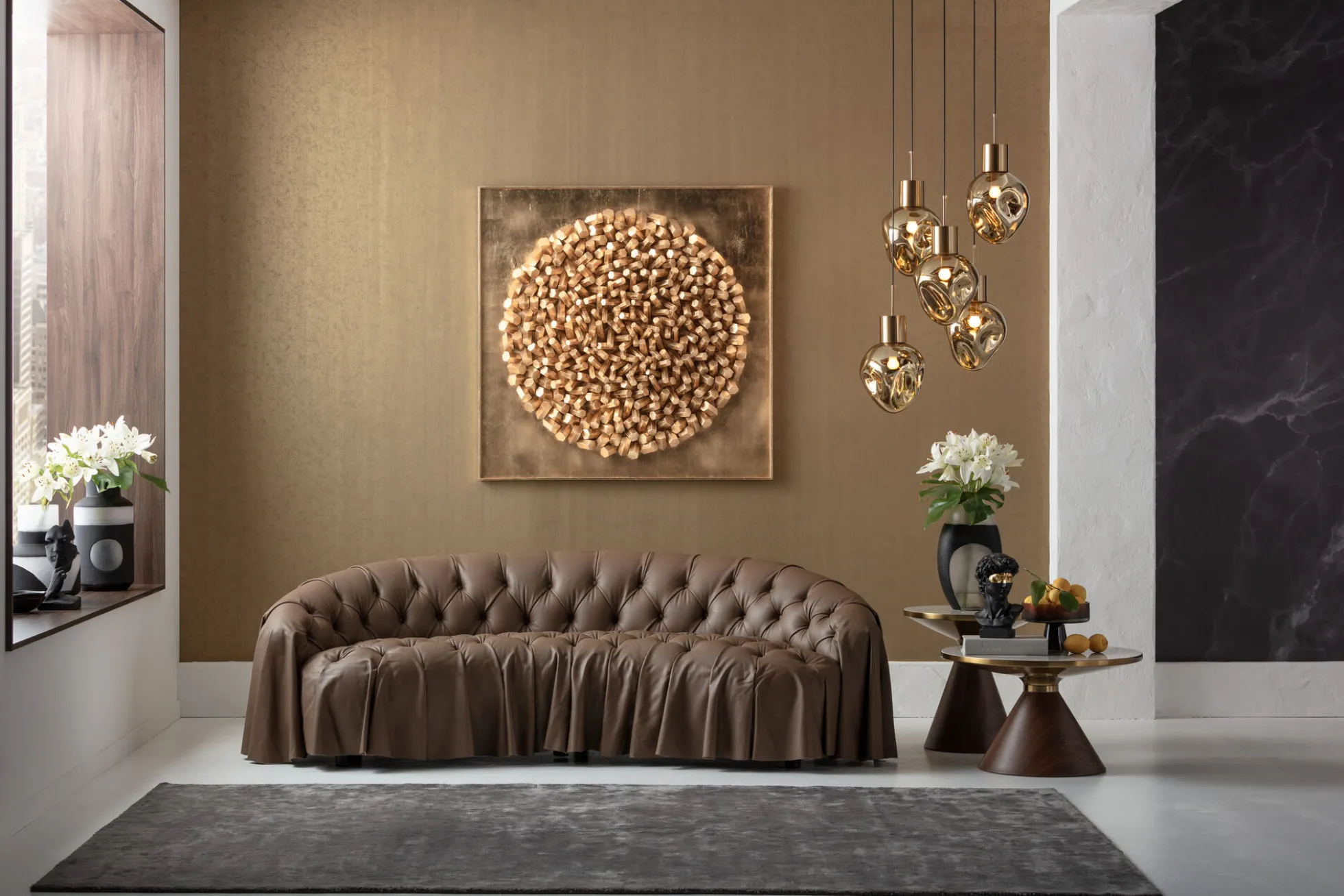 Sofa 3-osobowa pikowana brązowa skóra semianilinowa 226 cm