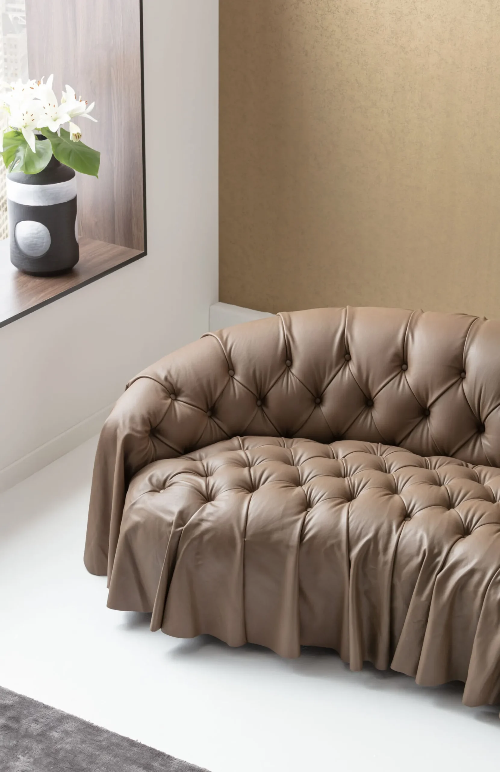 Sofa 3-osobowa pikowana brązowa skóra semianilinowa 226 cm