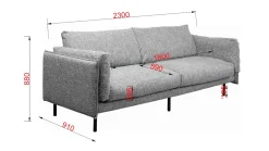 Sofa 3-osobowa w kolorze szarym nogi stalowe czarne 230 cm