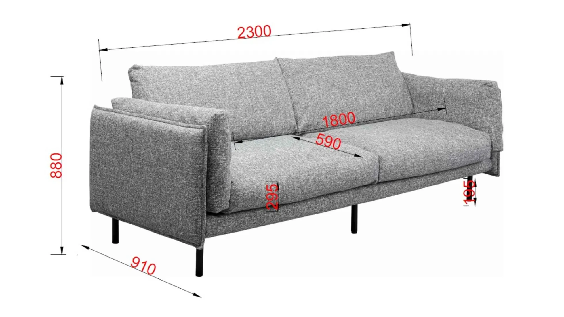 Sofa 3-osobowa w kolorze szarym nogi stalowe czarne 230 cm