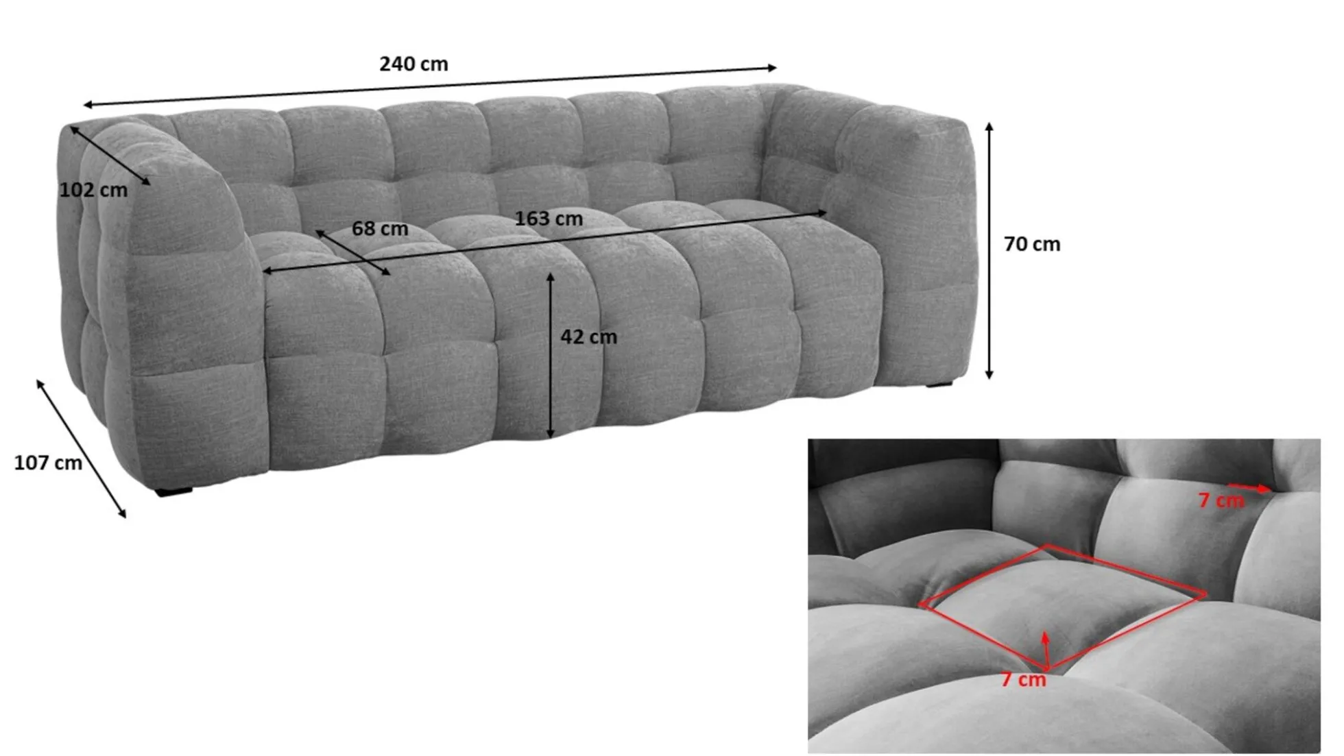 Sofa pikowana 3-osobowa kremowa 240 cm