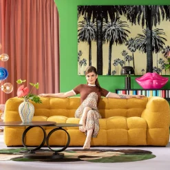 Sofa pikowana 3-osobowa żółta 240 cm