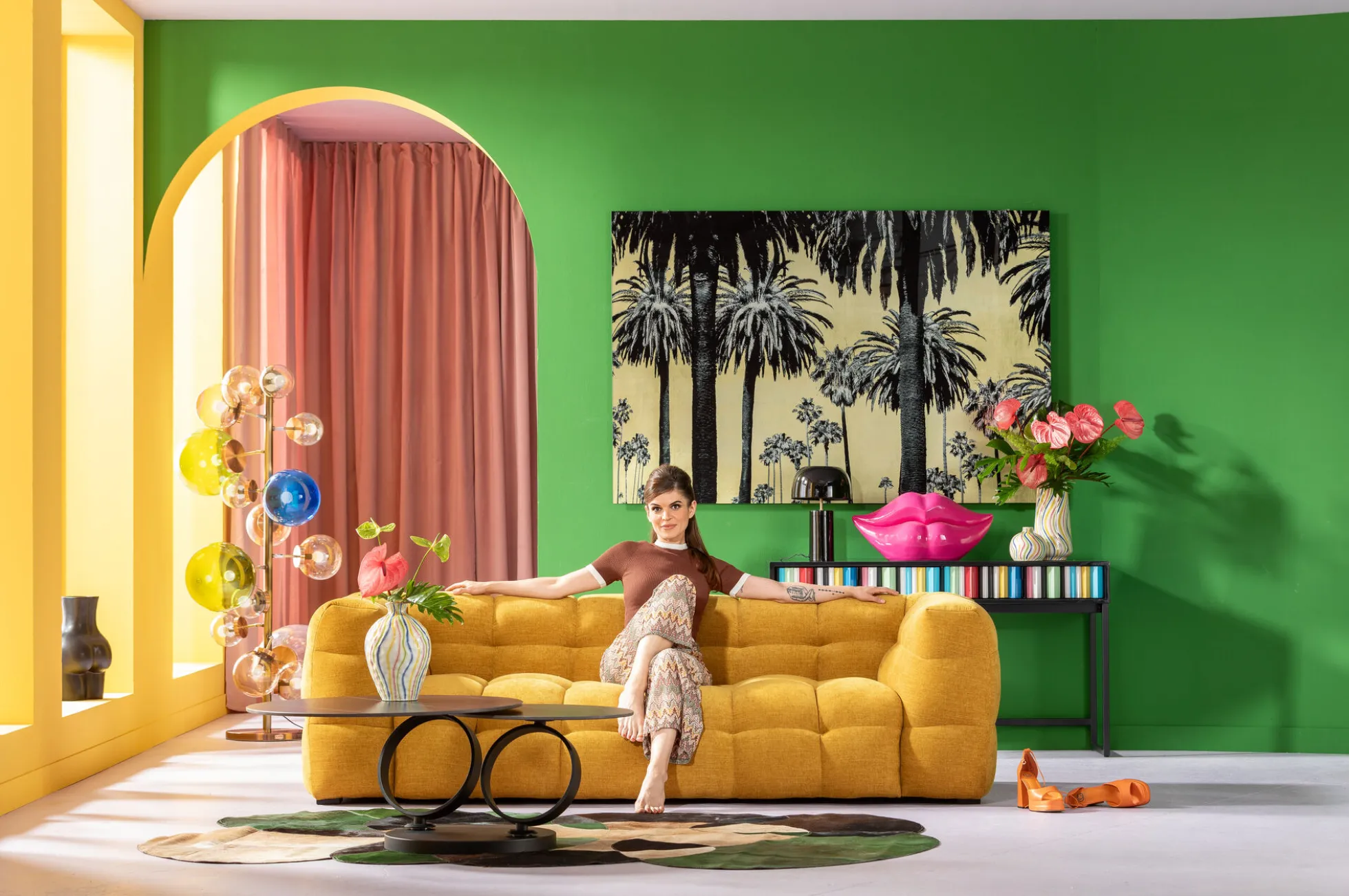 Sofa pikowana 3-osobowa żółta 240 cm