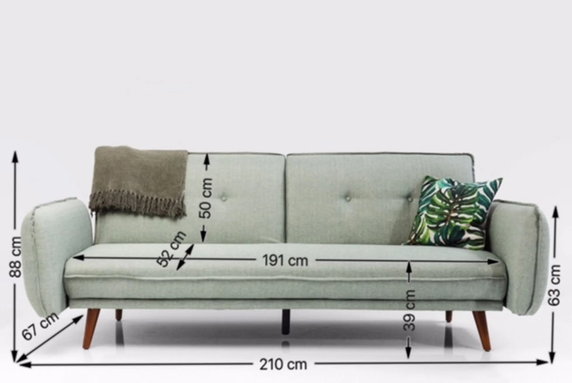 Sofa rozkładana z podłokietnikami 222x86 cm jasnozielona na brązowych nóżkach