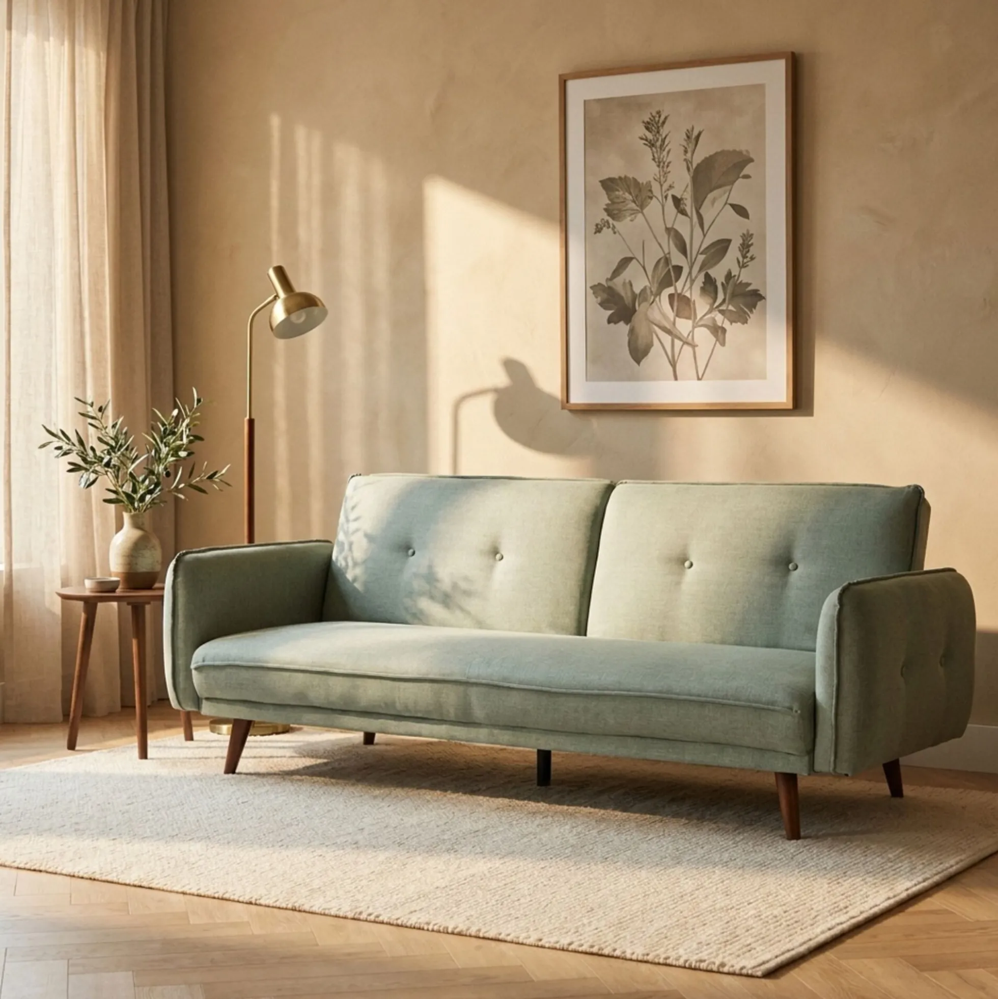 Sofa rozkładana z podłokietnikami 222x86 cm jasnozielona na brązowych nóżkach