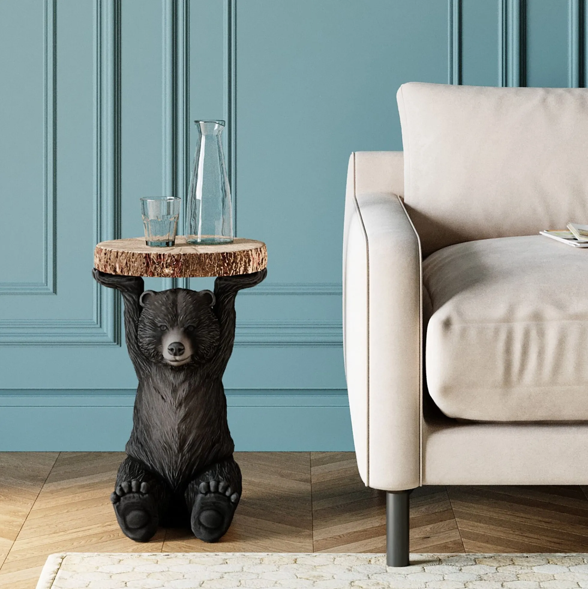 Stolik Bear Ø33x53 cm czarno-drewniany