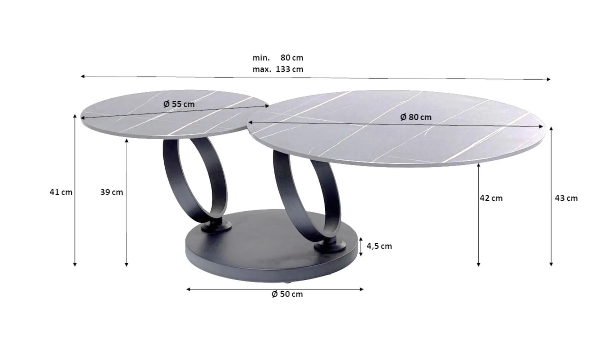 Stolik kawowy z obrotowymi okrągłymi blatami z ceramiki podstawa metalowa złota 133x80 cm