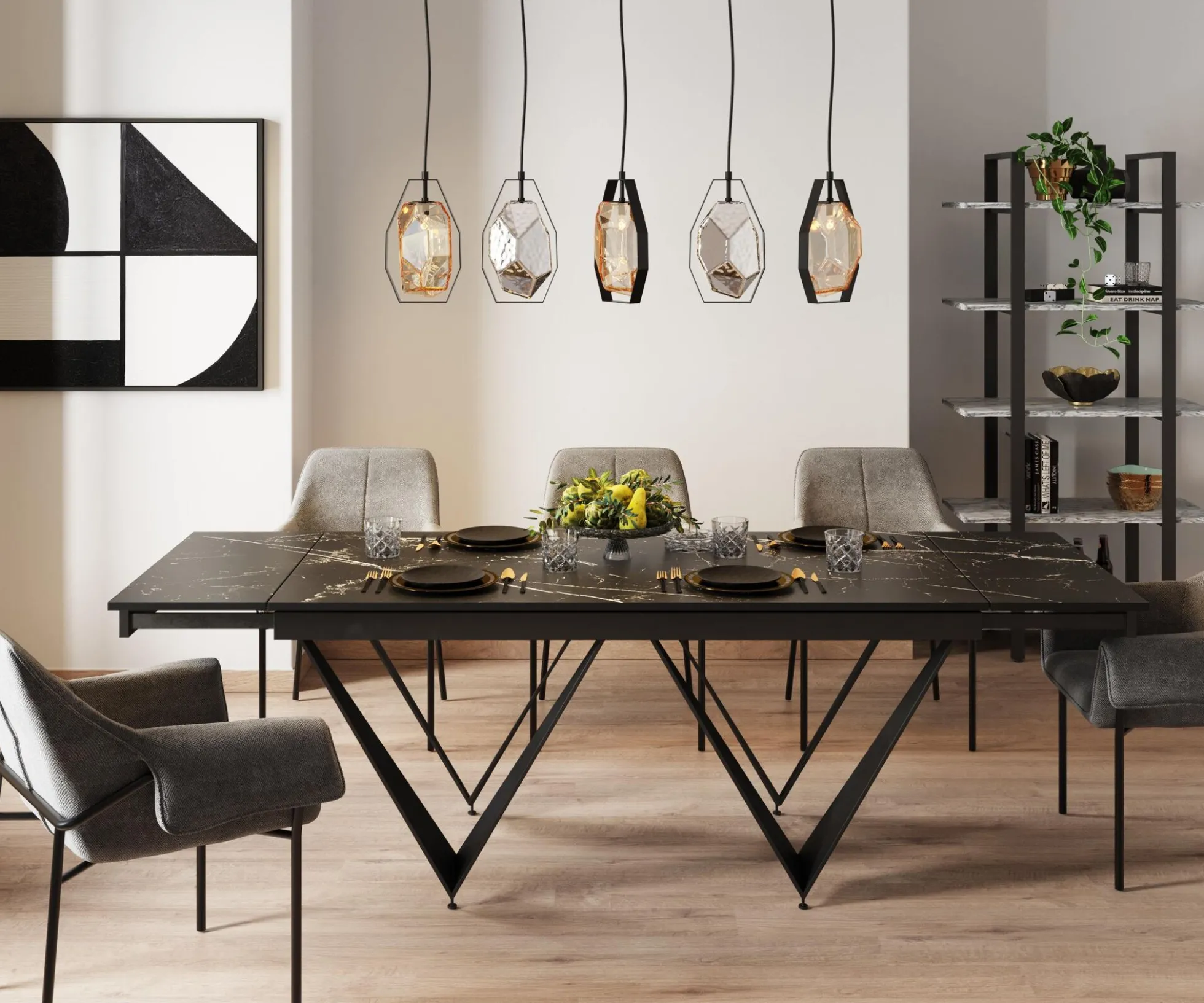 Stół rozkładany czarny blat ceramika nogi stalowe 180-260x90 cm
